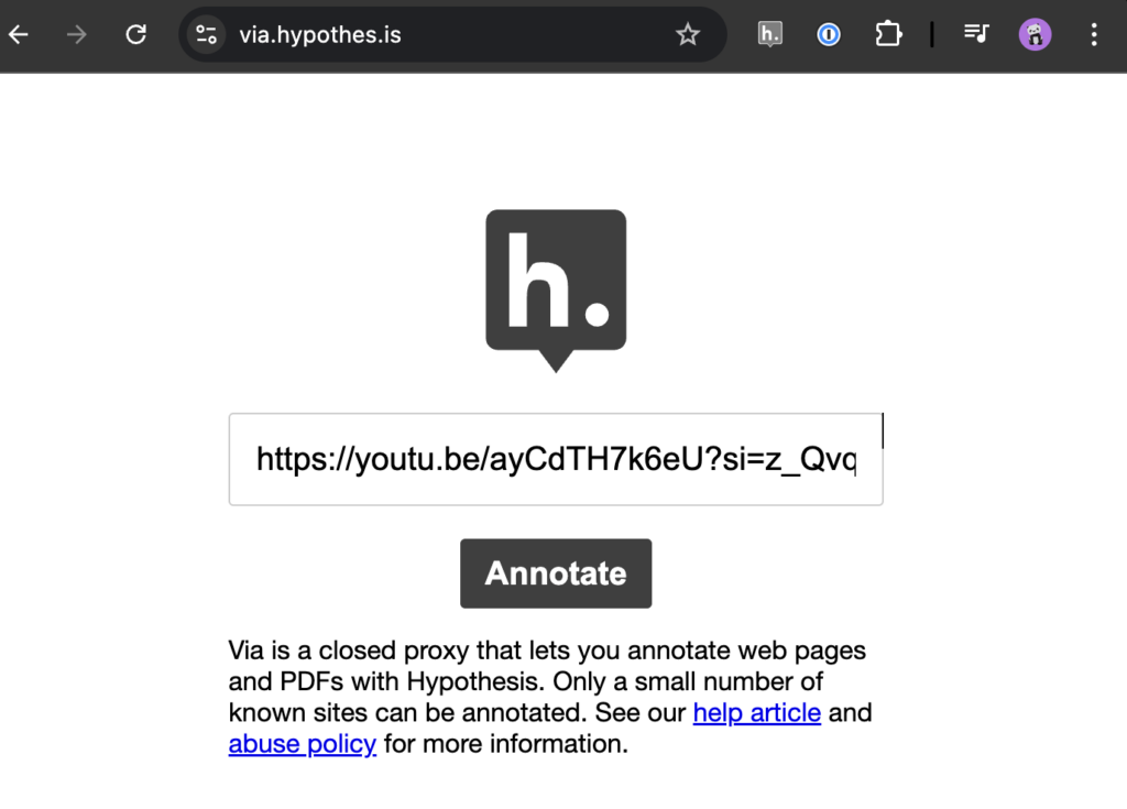 This image shows the Via proxy website with a Youtube video URL entered on the Paste a link to annotate field.